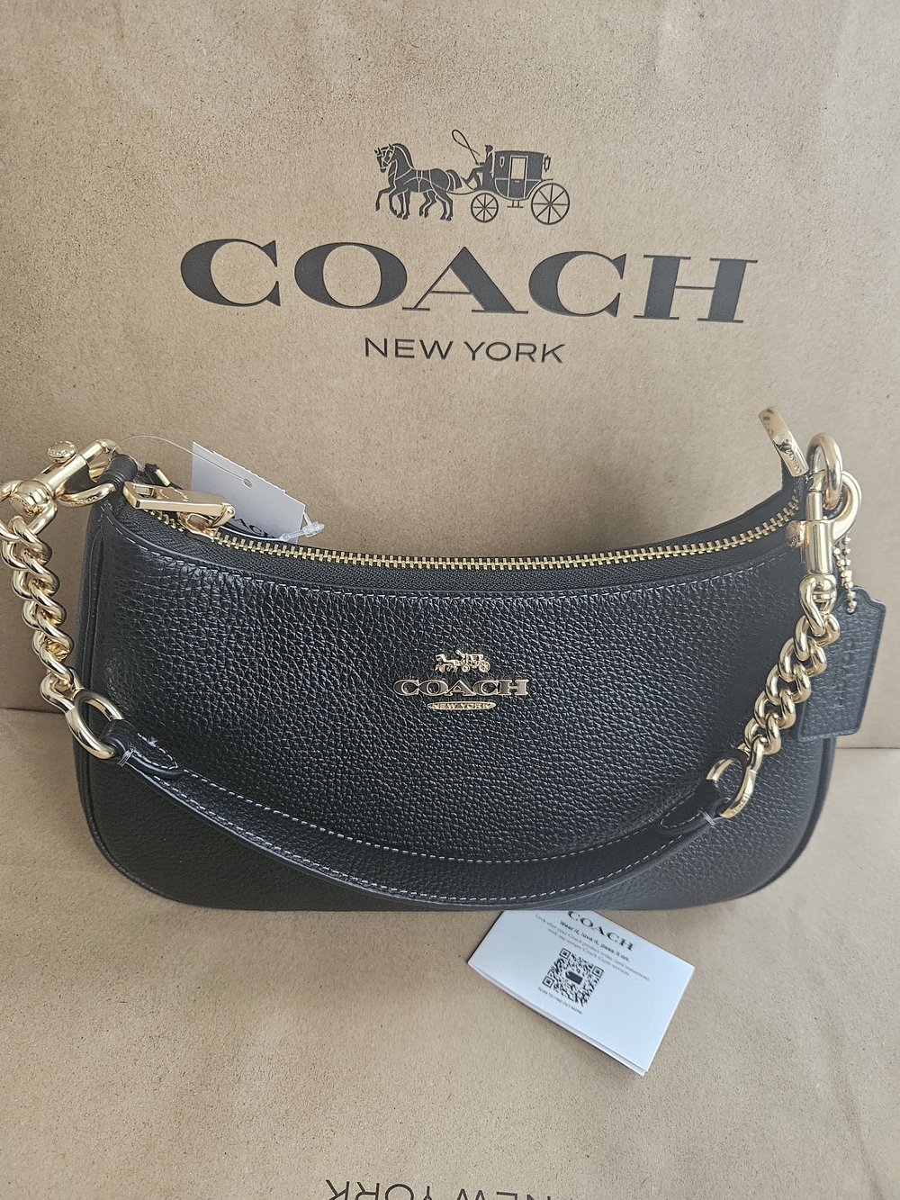 Coach Teri Black Pebbled Leather Gold Shoulder Crossbody Bag CV934